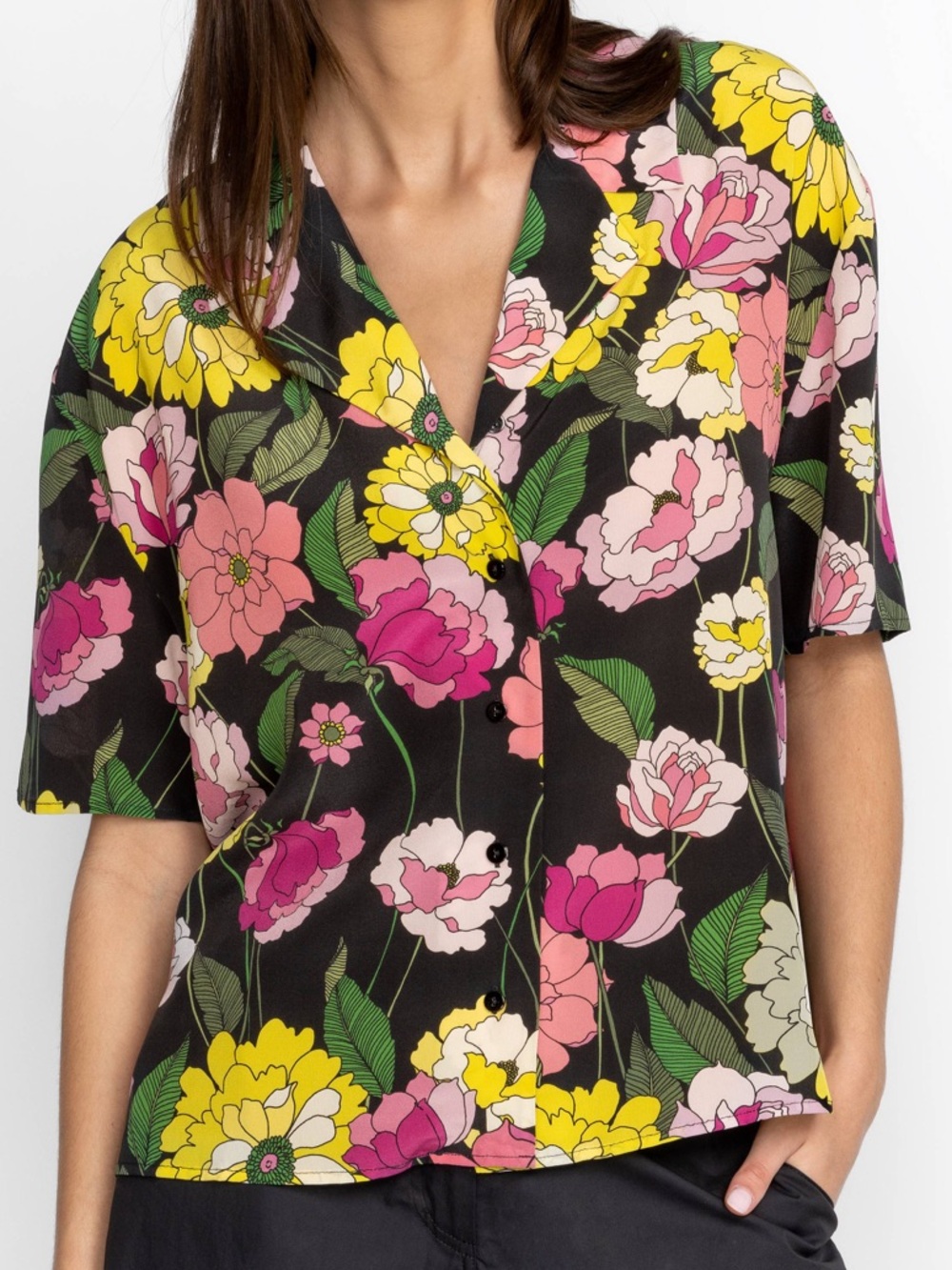 Johnny Was Eartha Camp Shirt in Paloma is a lustrous 100% silk button-front top